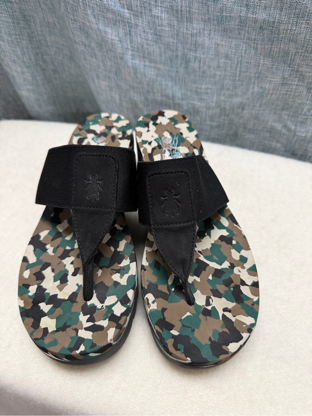 Fly London Camouflage Print Thong Sandals with Black Strap